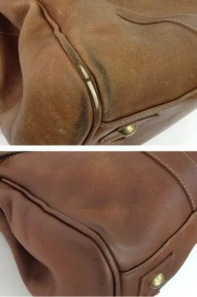Before and after close-up of a brown leather handbag edge restoration