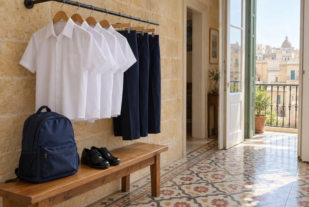 Pressed school shirts and trousers on hangers with a backpack and polished school shoes in a Maltese hallway