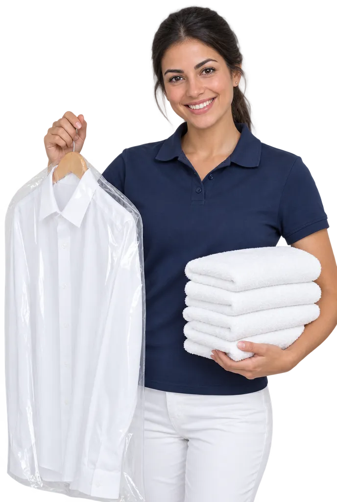 WhizzFix team member holding a freshly cleaned shirt in a garment bag and a stack of folded towels