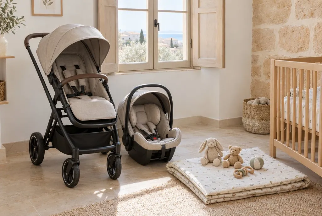 Clean stroller and infant car seat in a bright nursery with soft toys on a play mat