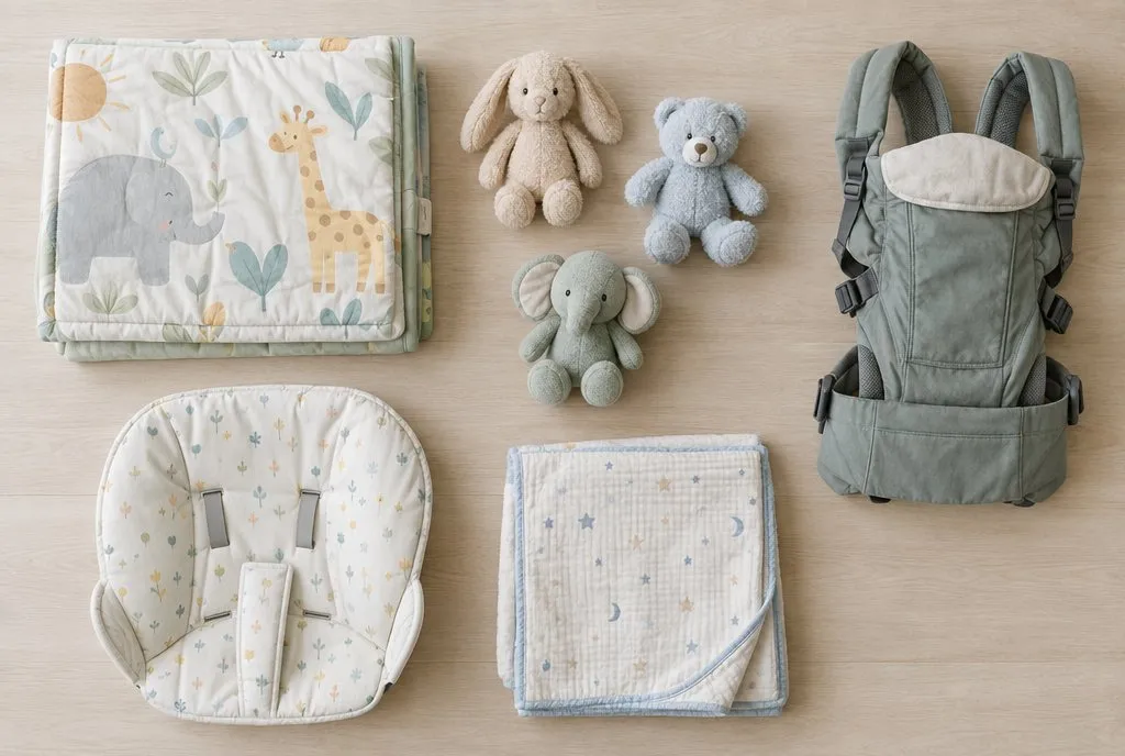 Freshly cleaned play mat, soft toys, baby carrier and high chair cushion laid out on a table