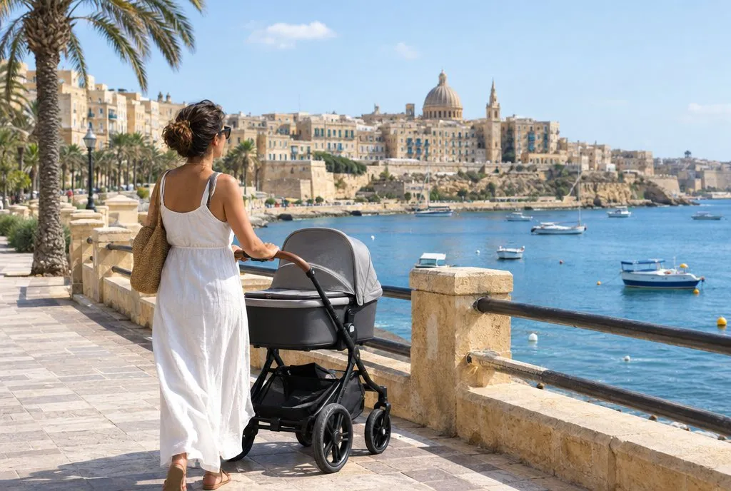 Parent pushing a clean stroller along the seafront promenade in Malta