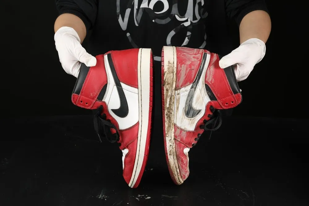 Before and after comparison of a pair of Nike high-top sneakers cleaned by WhizzFix