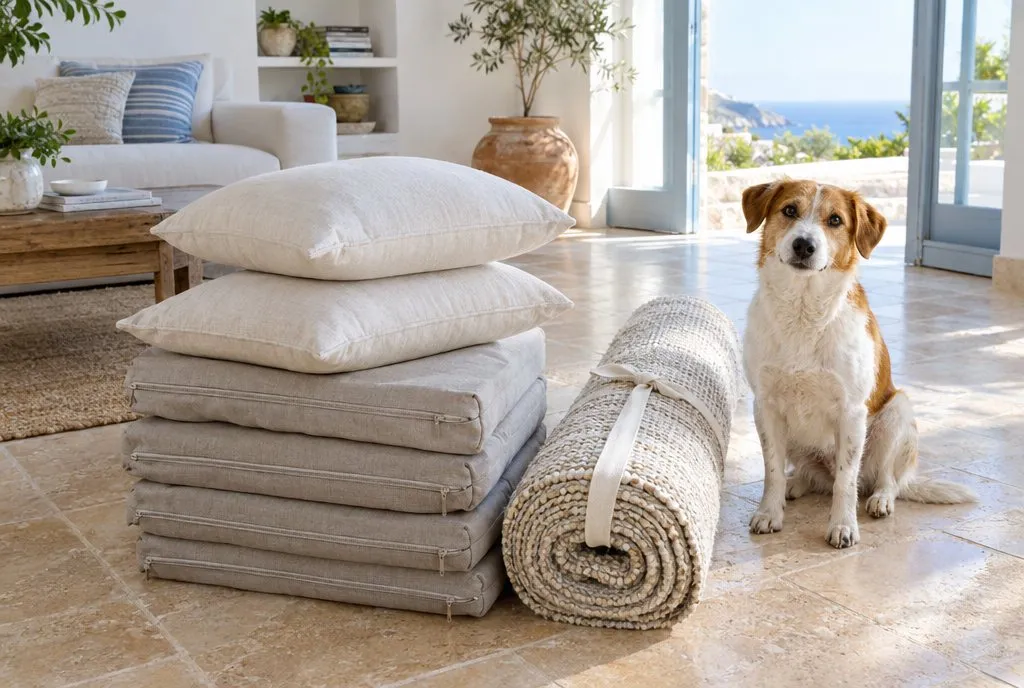 Stack of freshly cleaned cushion covers and pillows beside a rolled rug, with a small dog sitting next to them