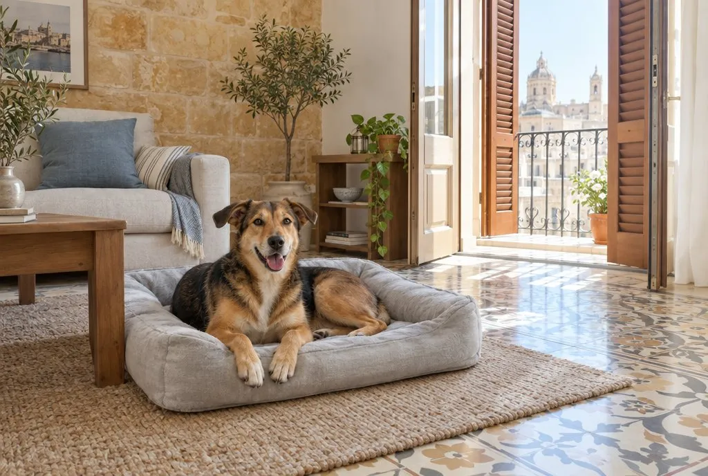 Dog resting on a freshly cleaned pet bed on a rug in a bright Maltese living room
