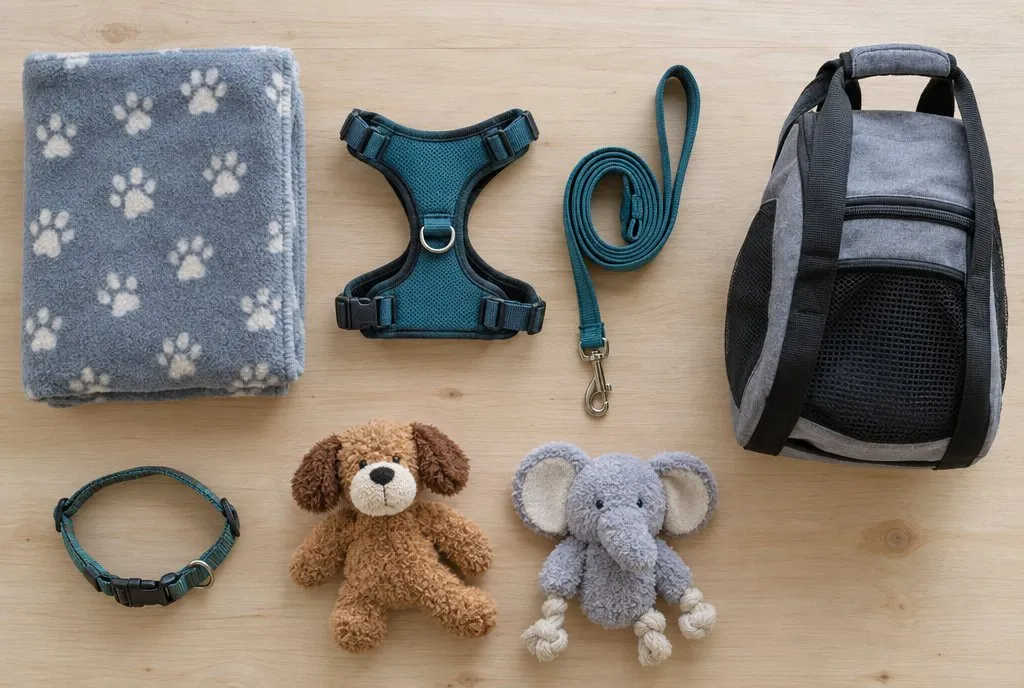 Freshly cleaned pet blanket, harness, lead, collar, soft toys and carrier laid out on a table
