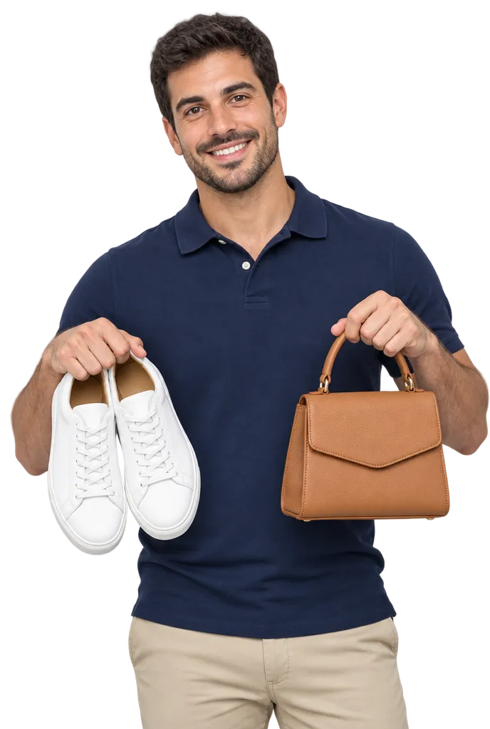 WhizzFix team member holding freshly cleaned white sneakers and a restored tan leather handbag
